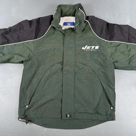 VTG New York Jets Jacket Boys Medium Green Black Hooded Reebok On Field Zip - Picture 2 of 10